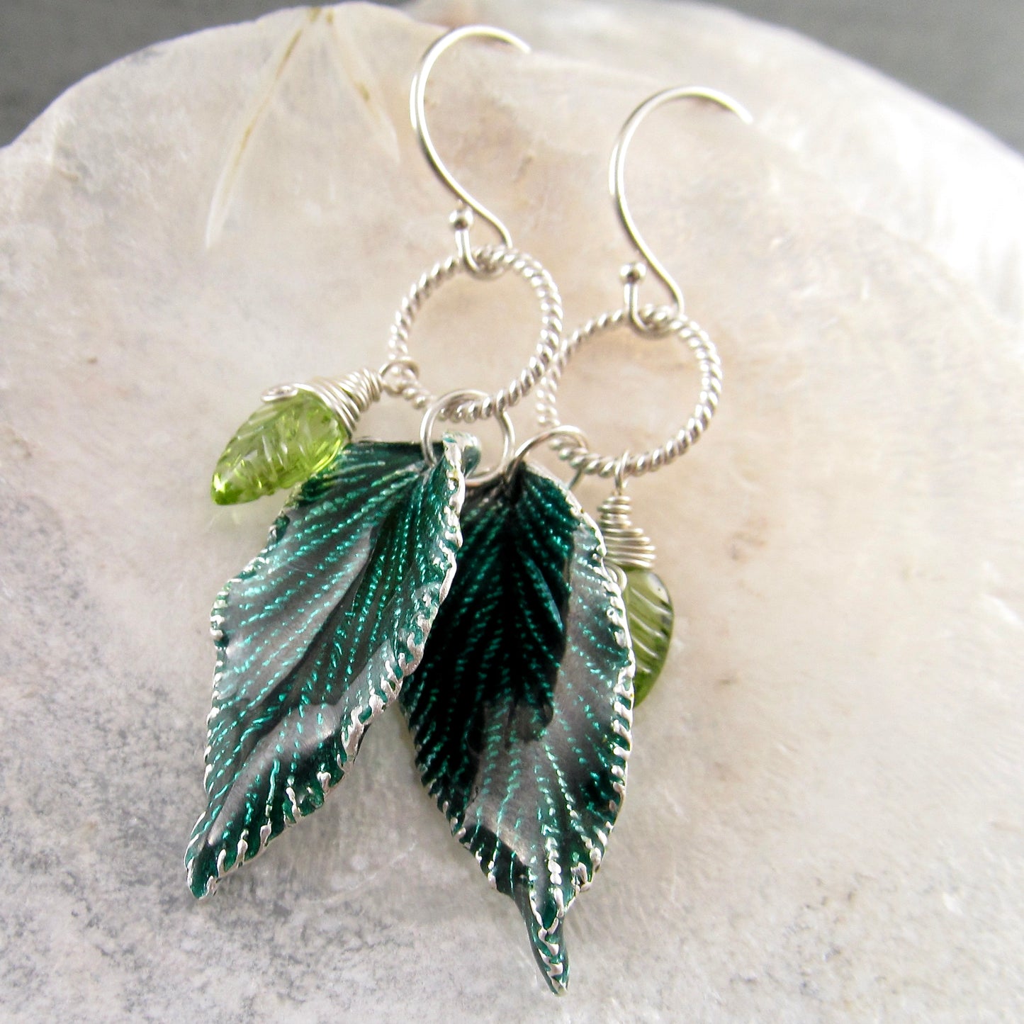 Green enamel leaf earrings, recycled fine silver and peridot