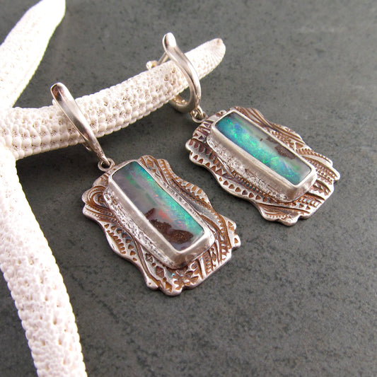 Australian opal earrings, handmade recycled fine silver earrings