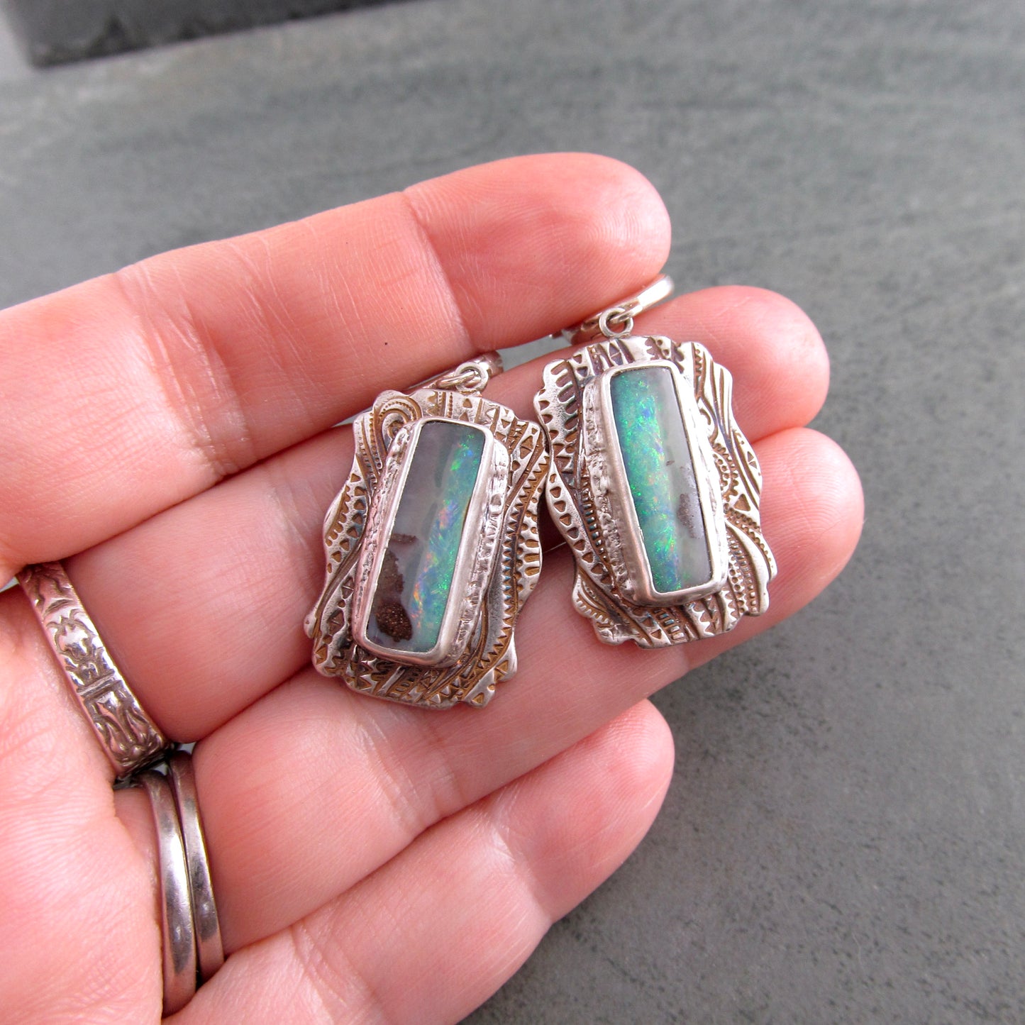 Australian opal earrings, handmade recycled fine silver earrings