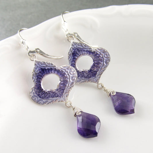 Amethyst and purple enamel earrings, recycled fine silver earrings