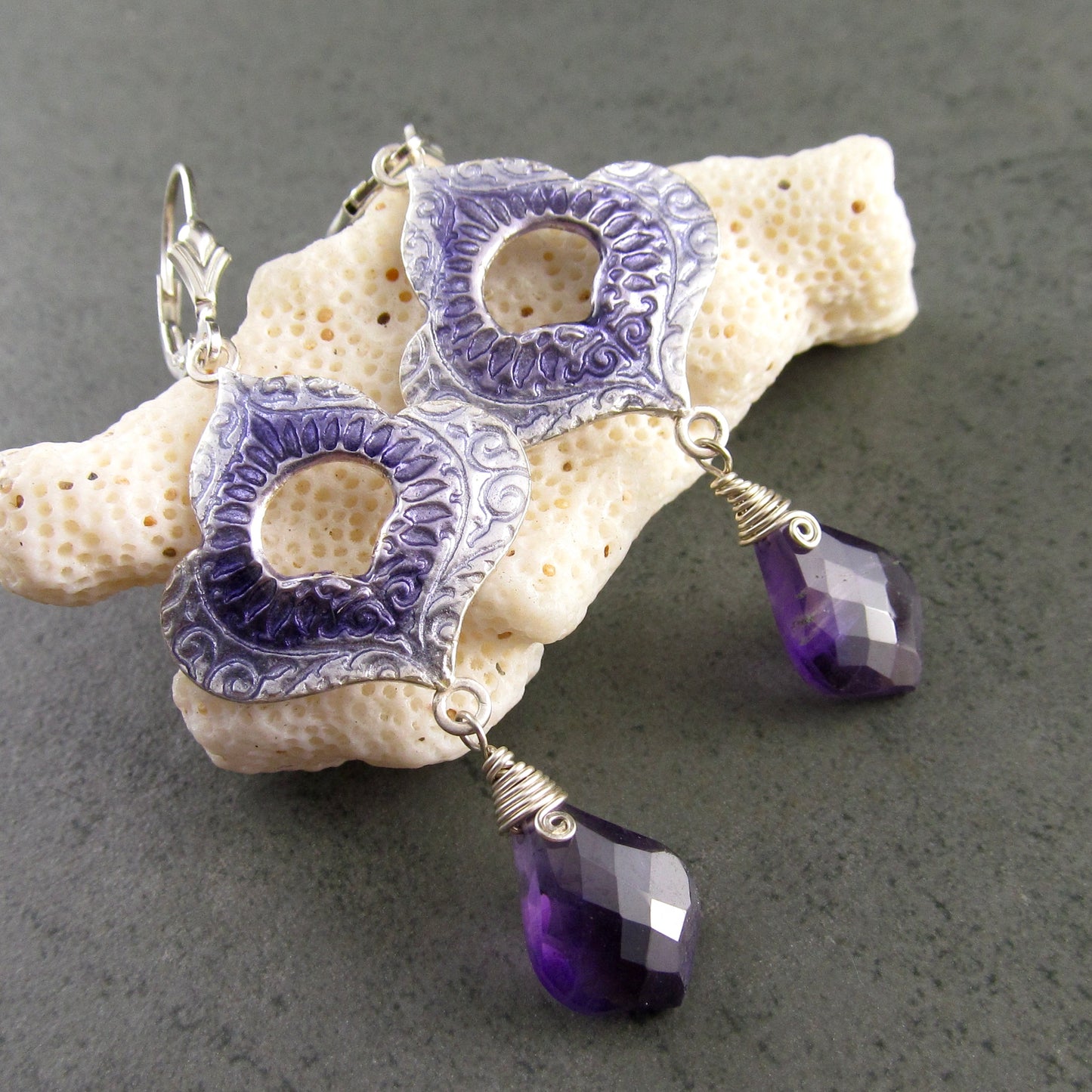 Amethyst and purple enamel earrings, recycled fine silver earrings