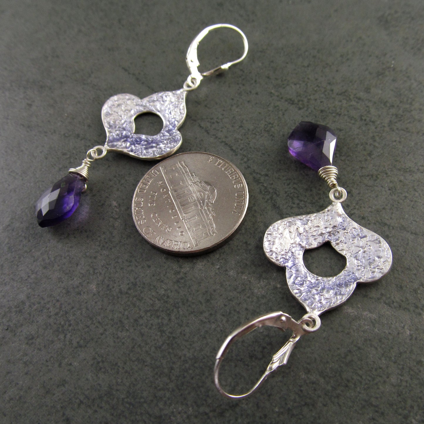 Amethyst and purple enamel earrings, recycled fine silver earrings