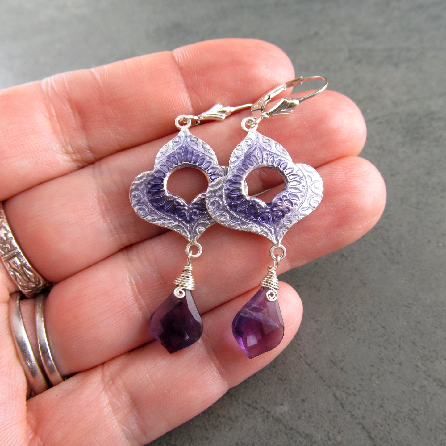 Amethyst and purple enamel earrings, recycled fine silver earrings