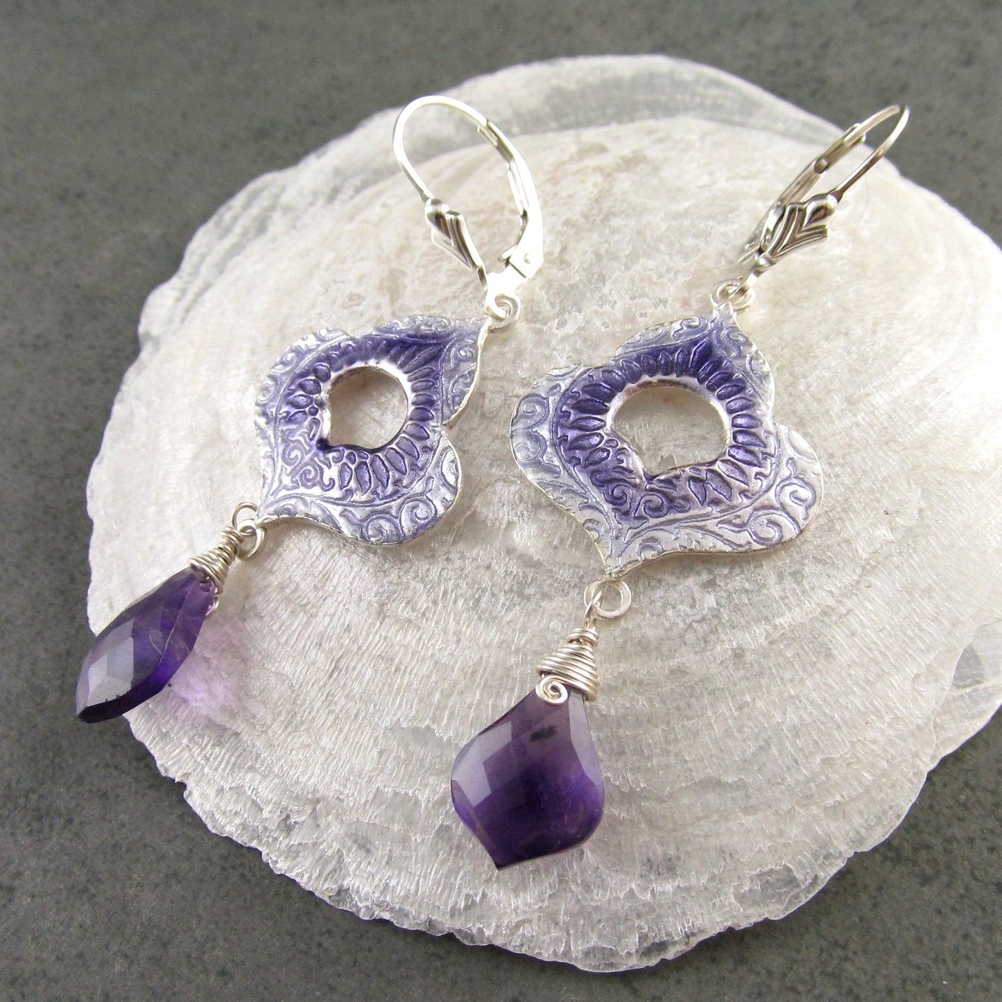 Amethyst and purple enamel earrings, recycled fine silver earrings