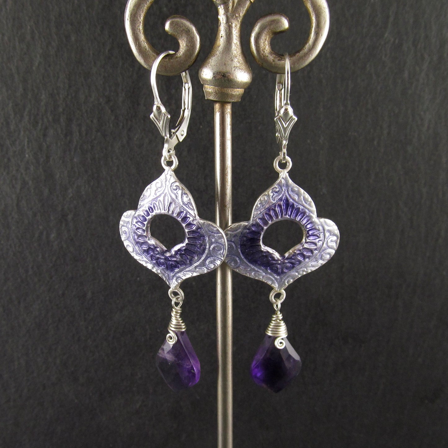 Amethyst and purple enamel earrings, recycled fine silver earrings