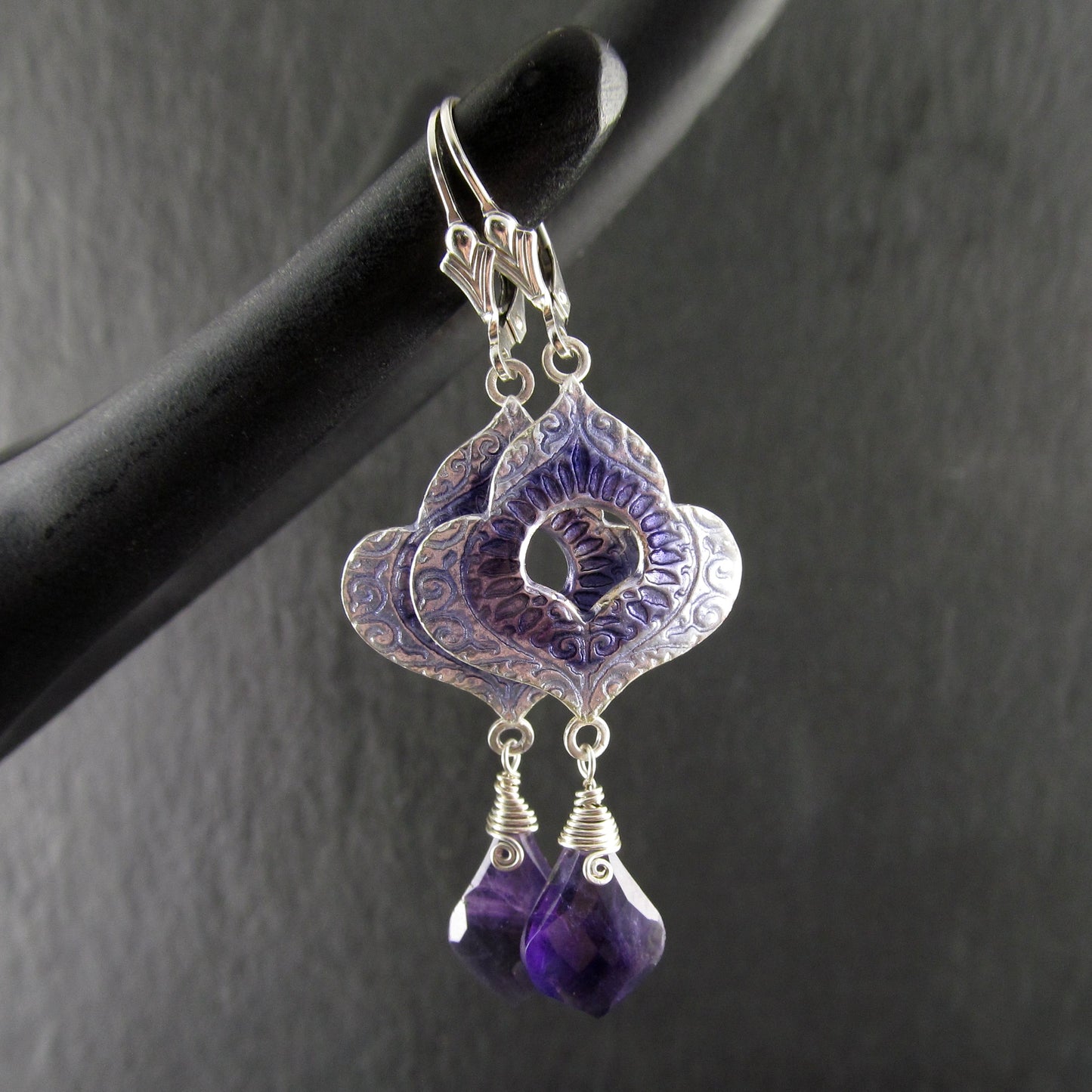 Amethyst and purple enamel earrings, recycled fine silver earrings