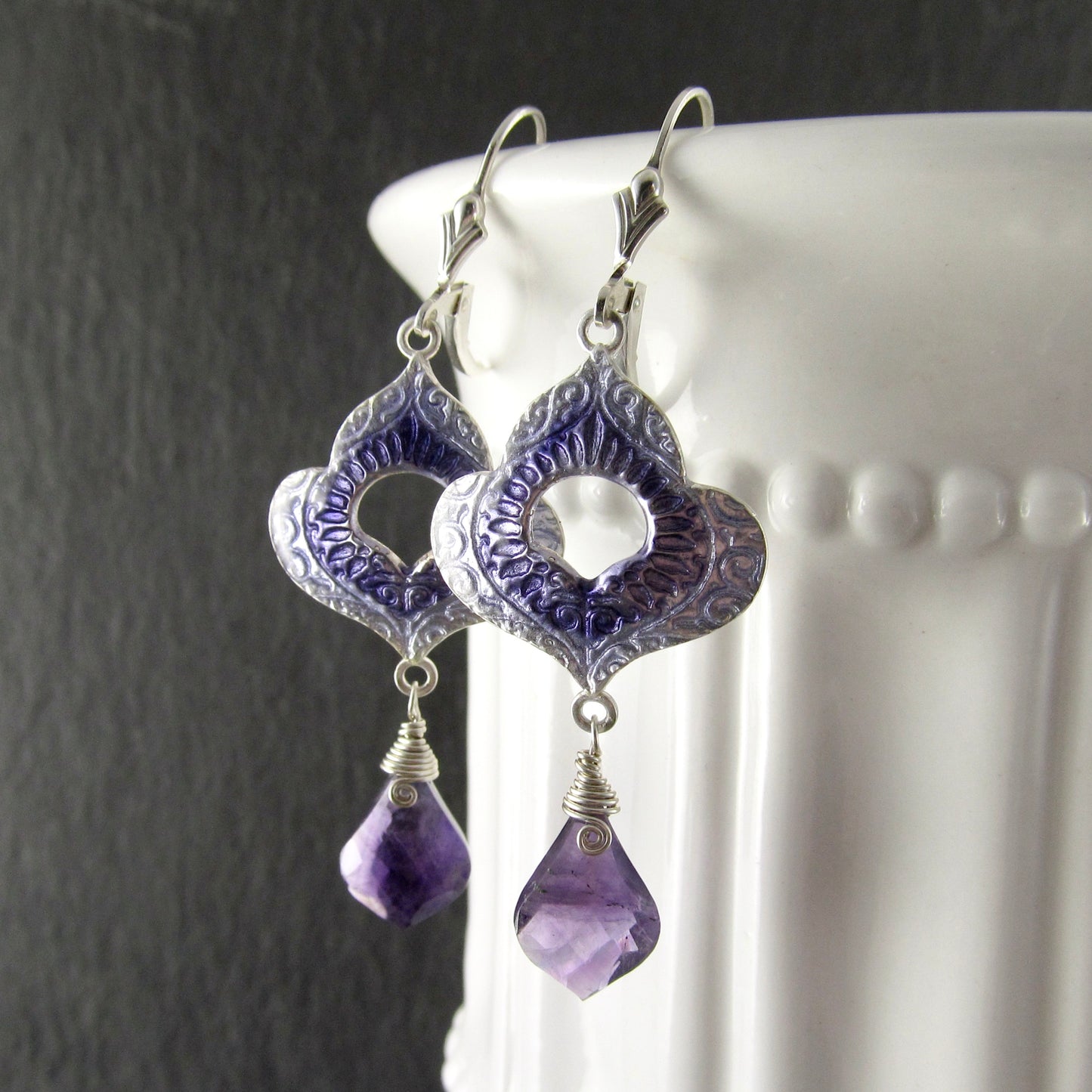 Amethyst and purple enamel earrings, recycled fine silver earrings