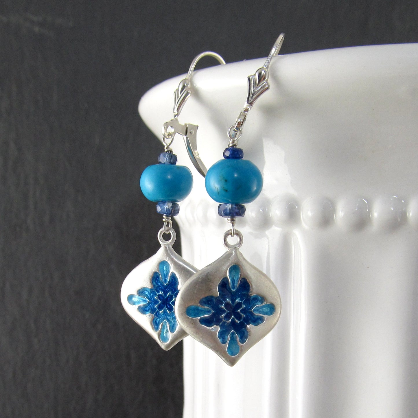 Sleeping Beauty turquoise earrings with enameled fine silver