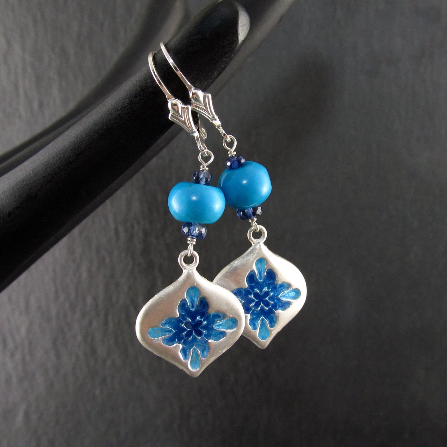 Sleeping Beauty turquoise earrings with enameled fine silver