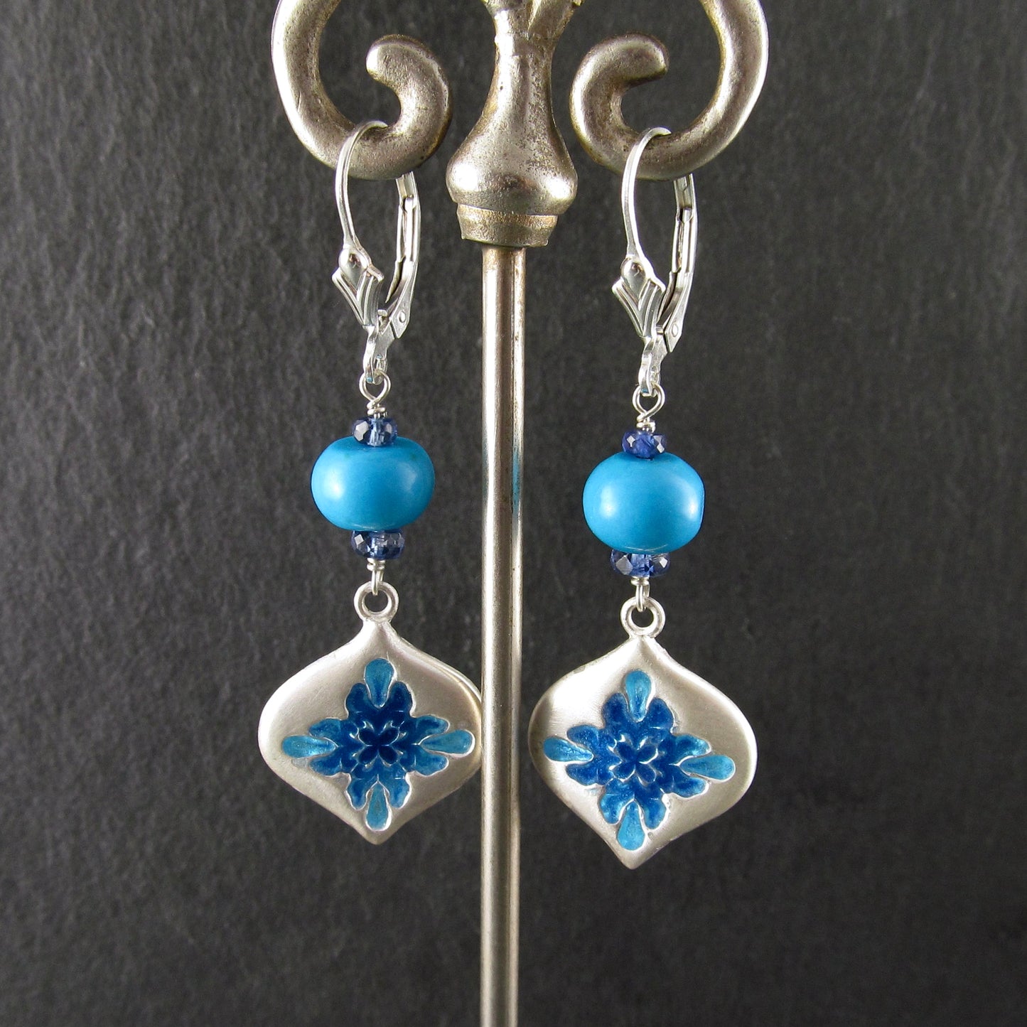 Sleeping Beauty turquoise earrings with enameled fine silver