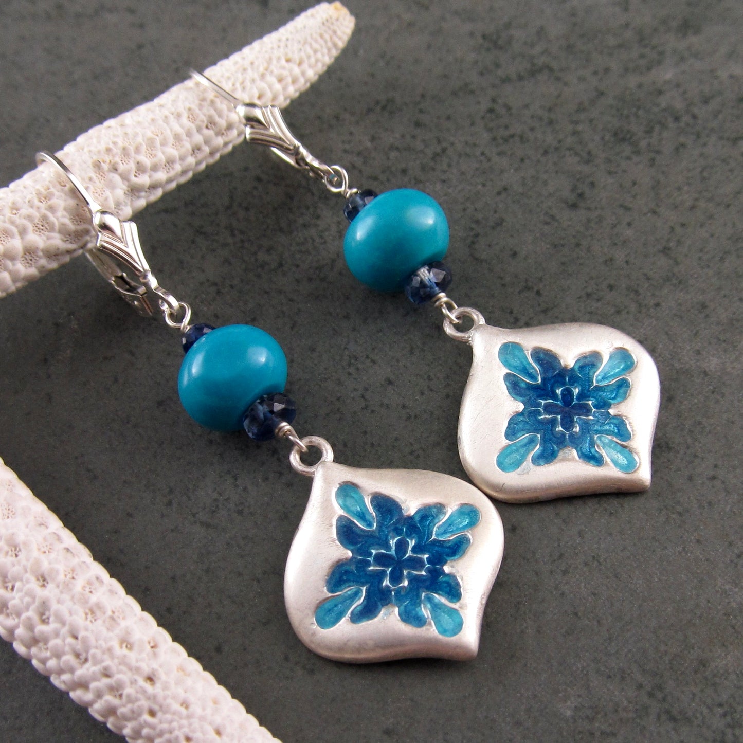 Sleeping Beauty turquoise earrings with enameled fine silver