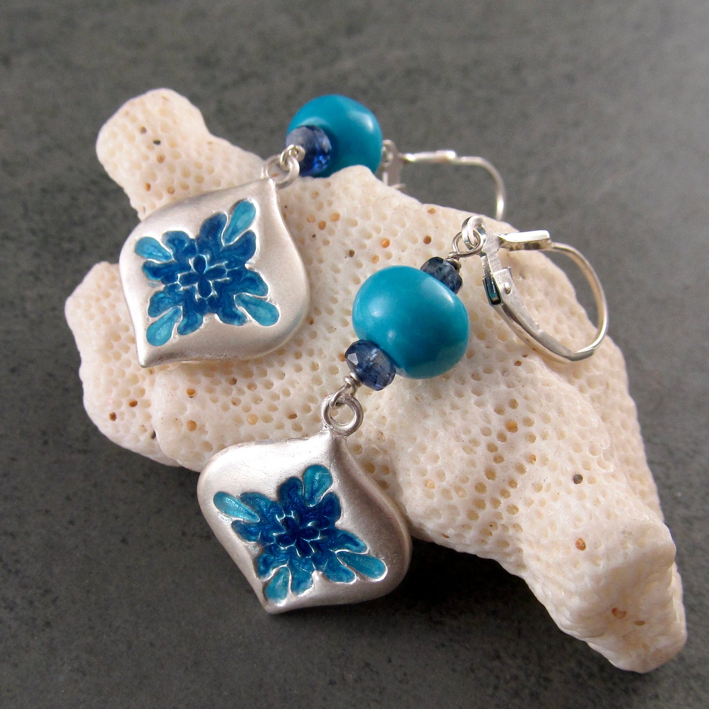 Sleeping Beauty turquoise earrings with enameled fine silver