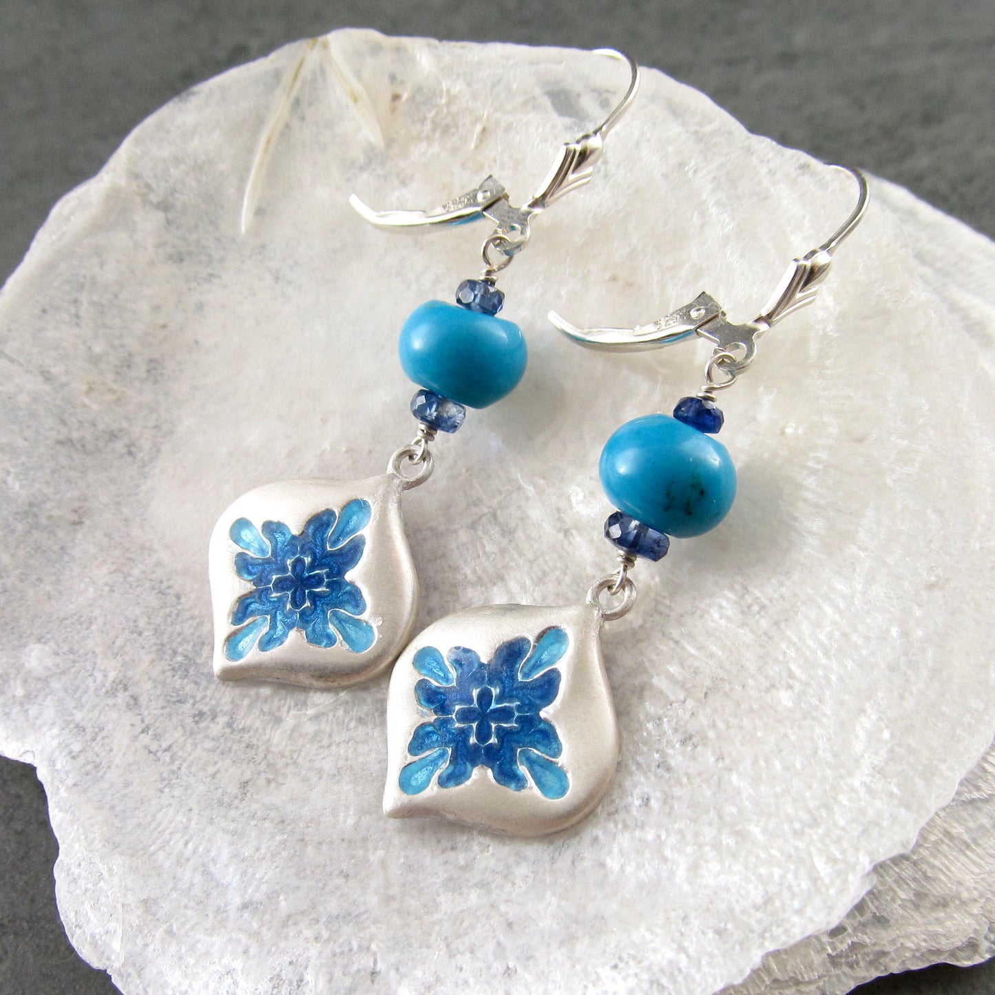 Sleeping Beauty turquoise earrings with enameled fine silver