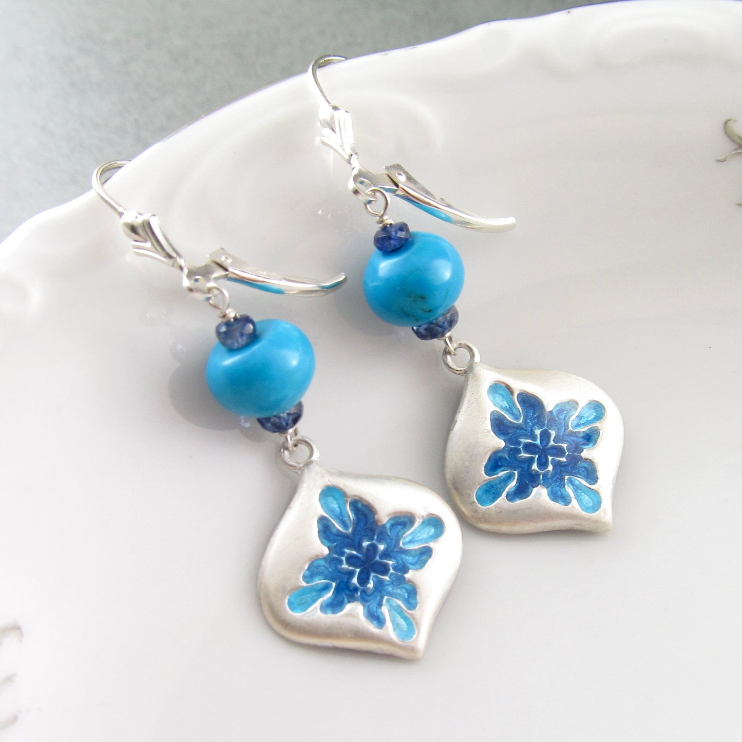 Sleeping Beauty turquoise earrings with enameled fine silver