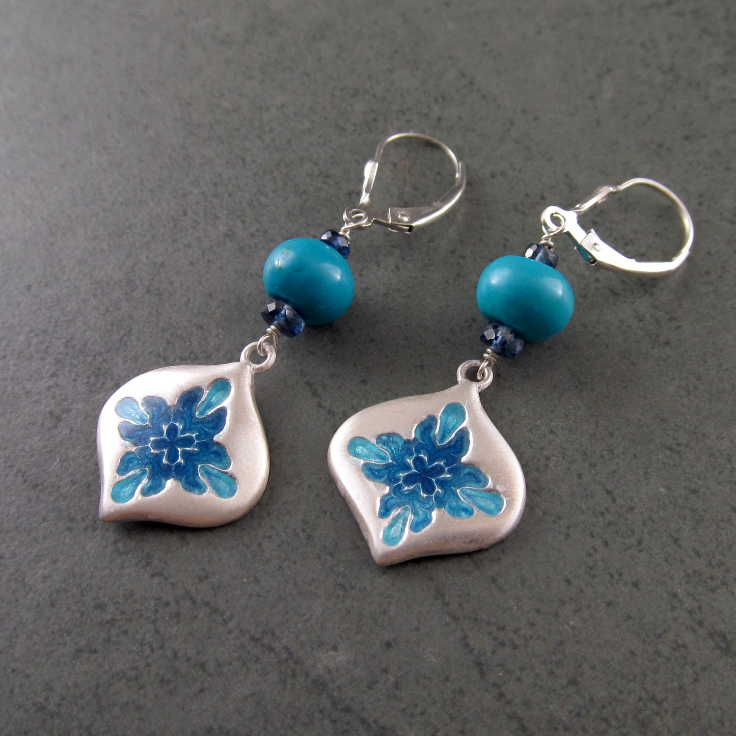 Sleeping Beauty turquoise earrings with enameled fine silver