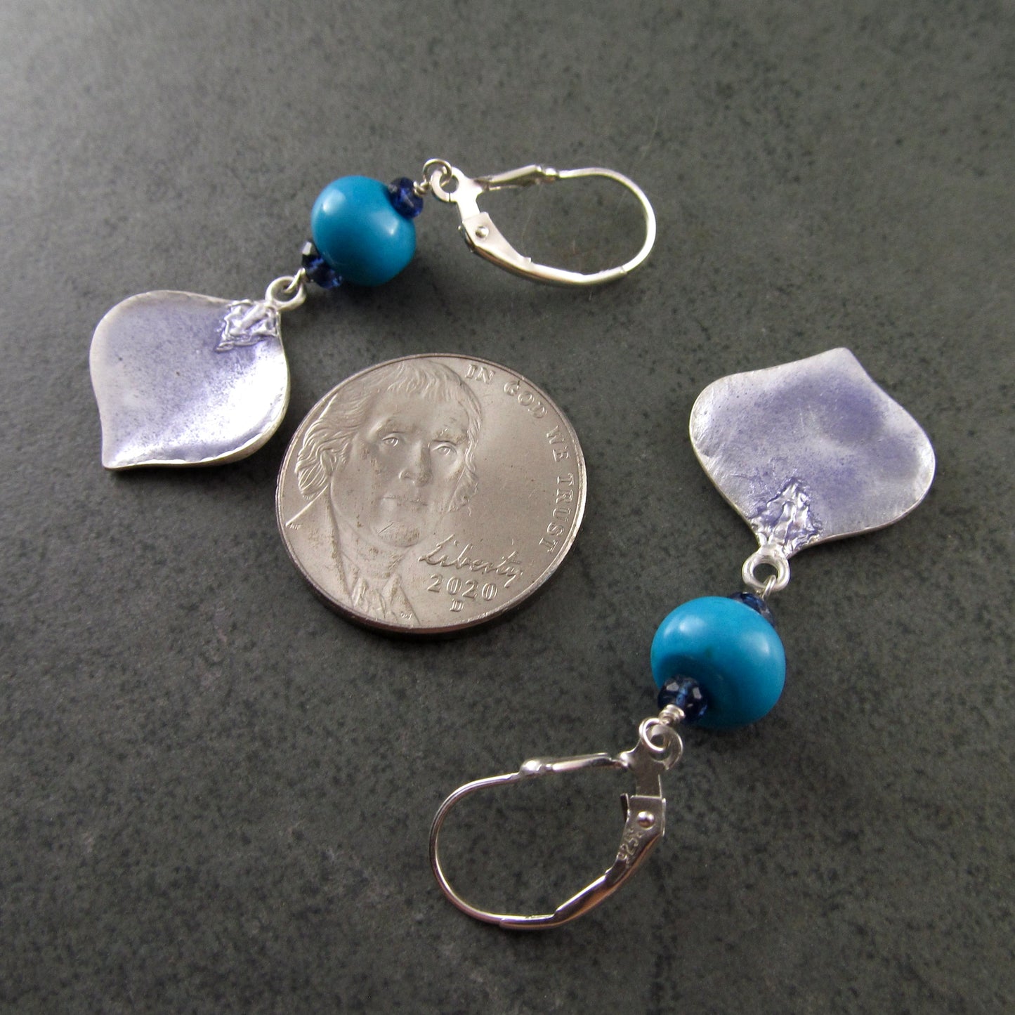 Sleeping Beauty turquoise earrings with enameled fine silver