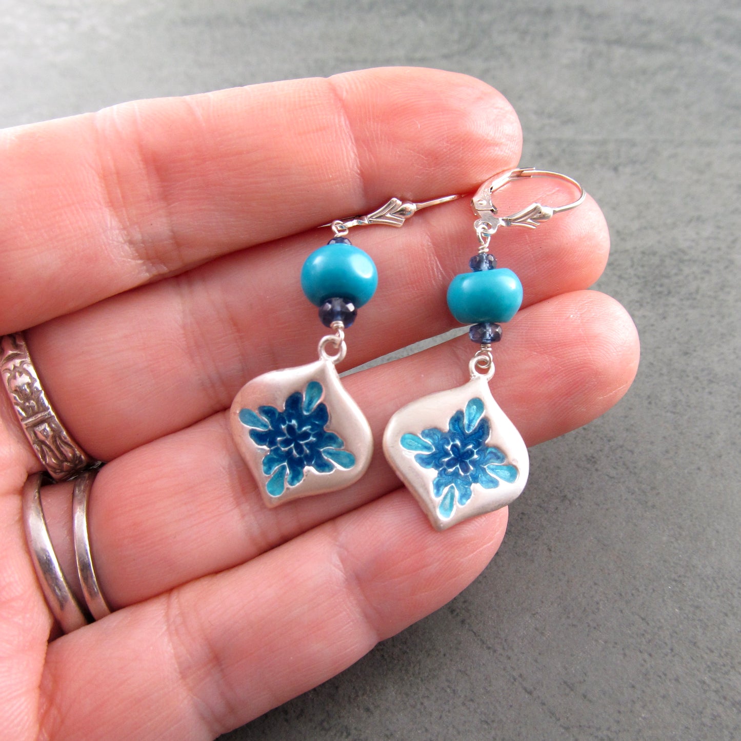 Sleeping Beauty turquoise earrings with enameled fine silver