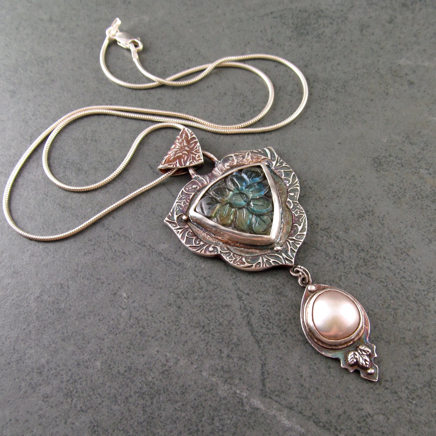 Carved labradorite and pearl pendant in eco-friendly fine silver