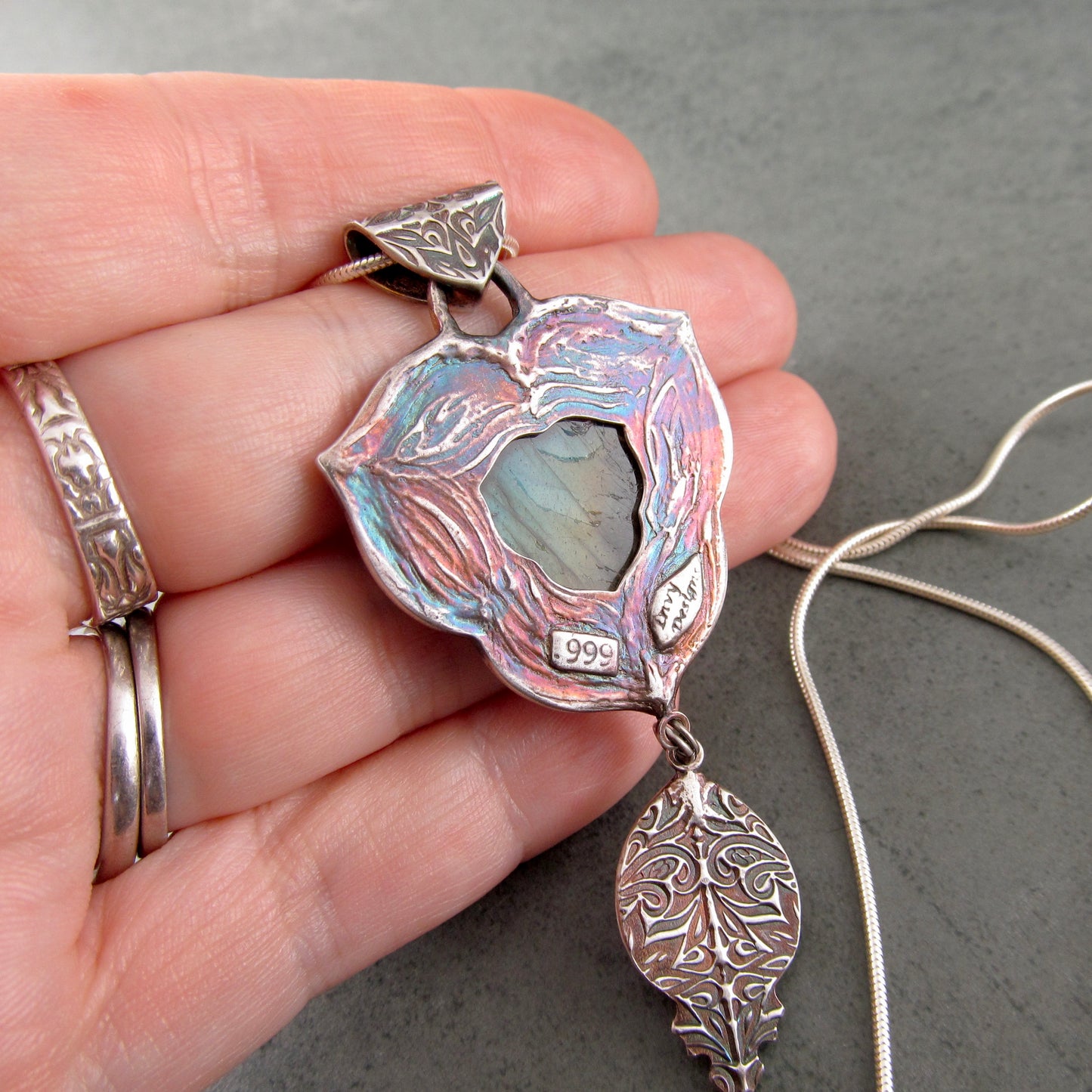 Carved labradorite and pearl pendant in eco-friendly fine silver