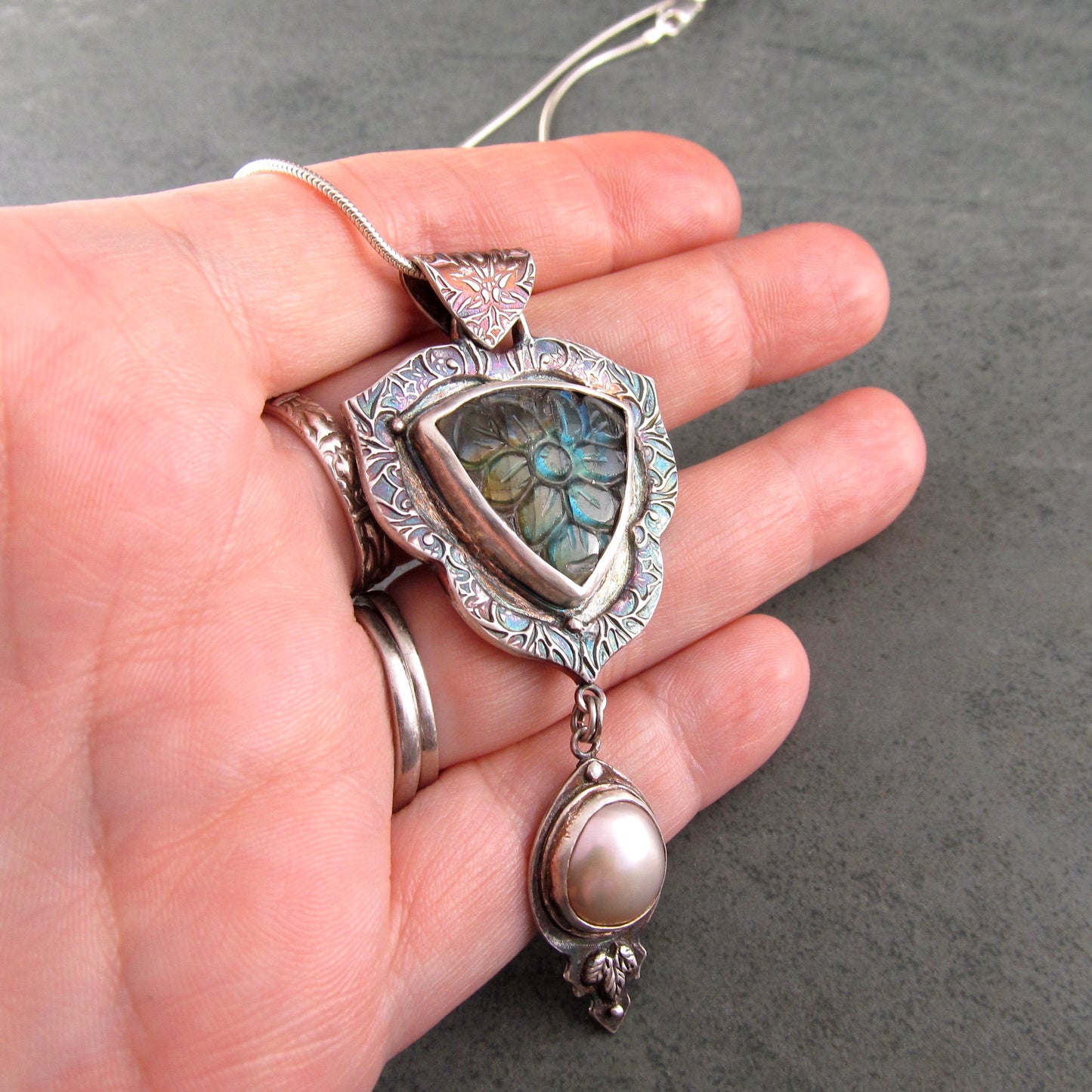 Carved labradorite and pearl pendant in eco-friendly fine silver