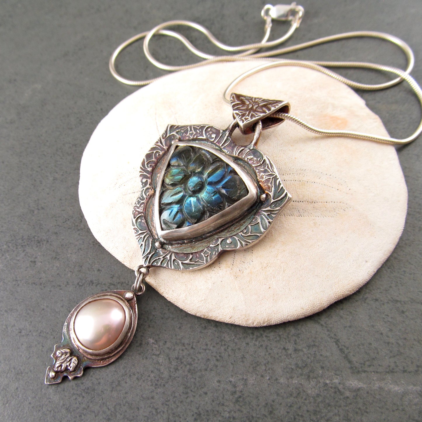 Carved labradorite and pearl pendant in eco-friendly fine silver