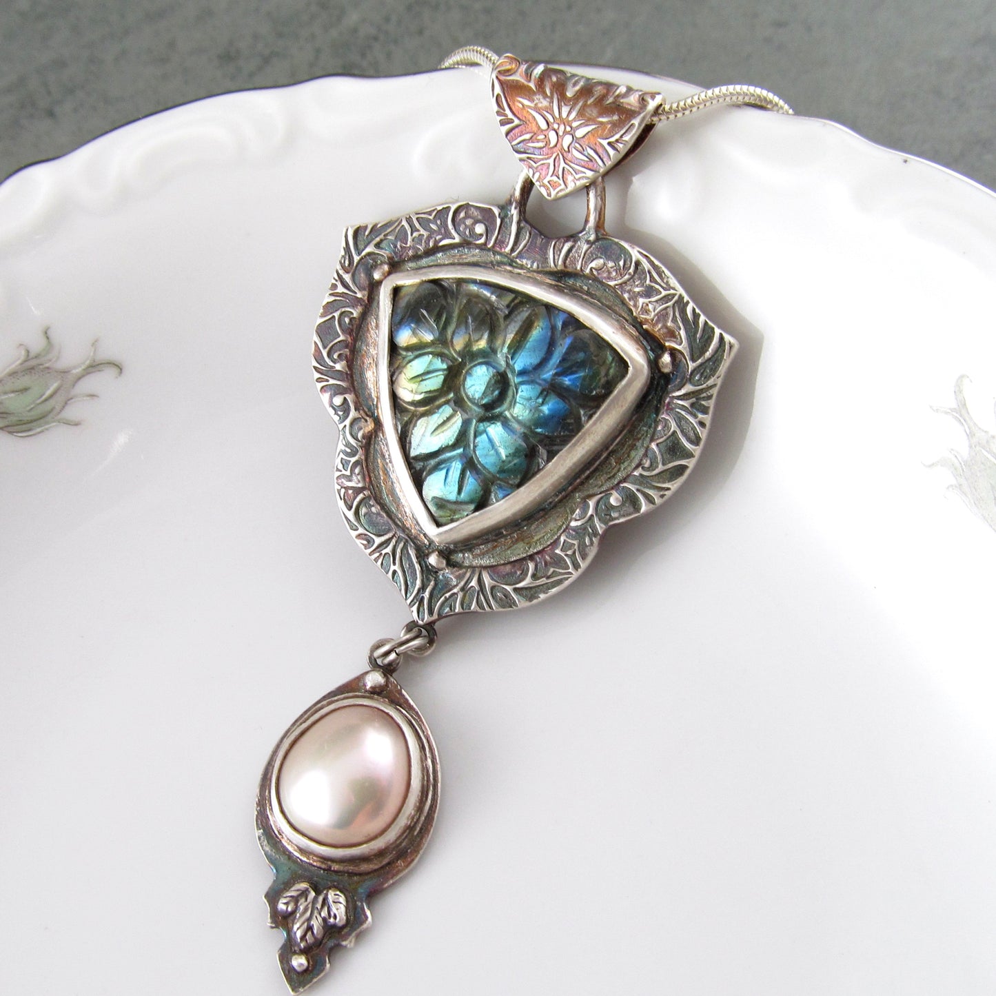 Carved labradorite and pearl pendant in eco-friendly fine silver