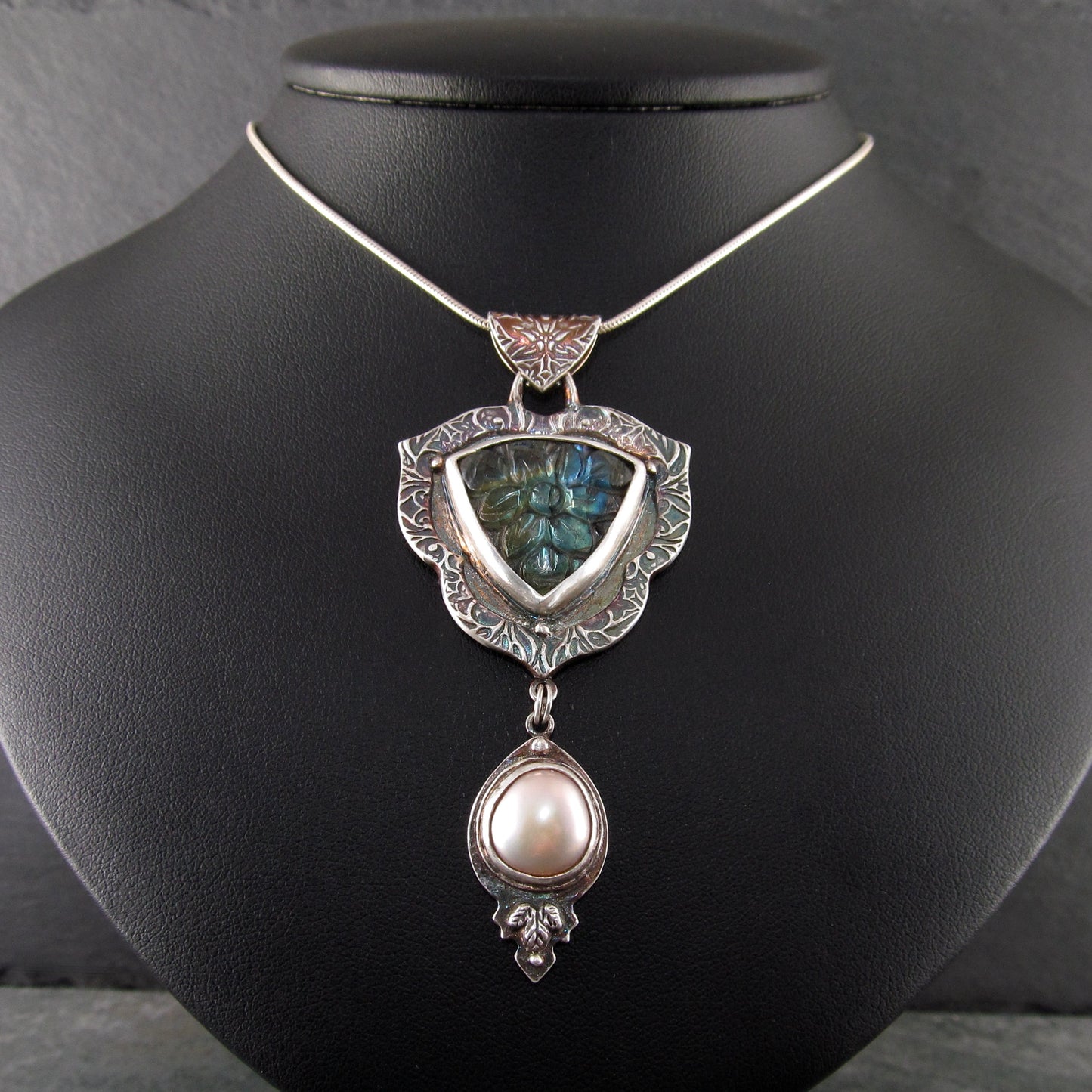 Carved labradorite and pearl pendant in eco-friendly fine silver