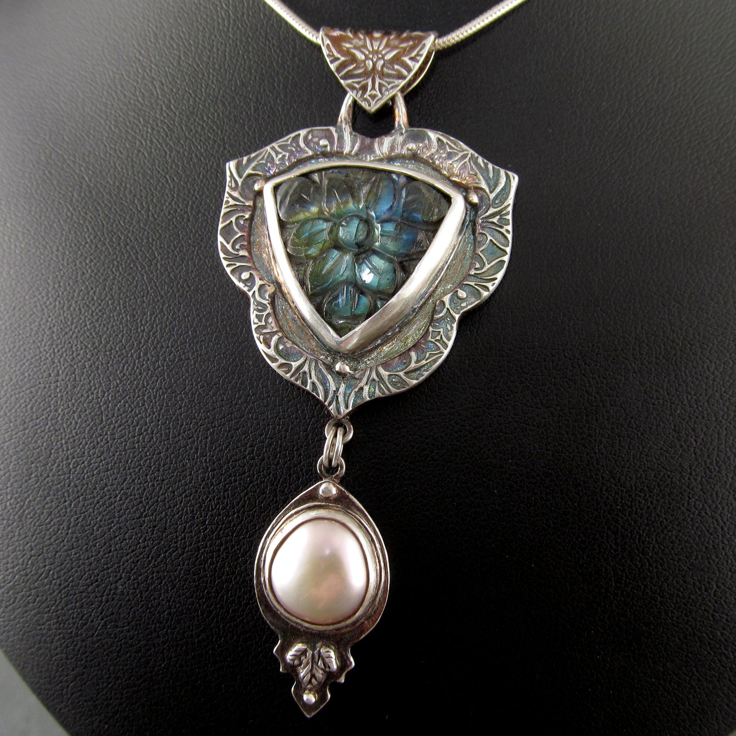 Carved labradorite and pearl pendant in eco-friendly fine silver