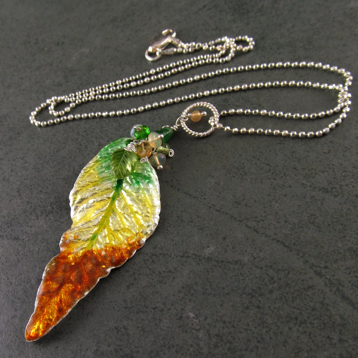 Fall leaf pendant, handmade fine silver and enamel with peridot, tsavorite garnet and Ethiopian opal