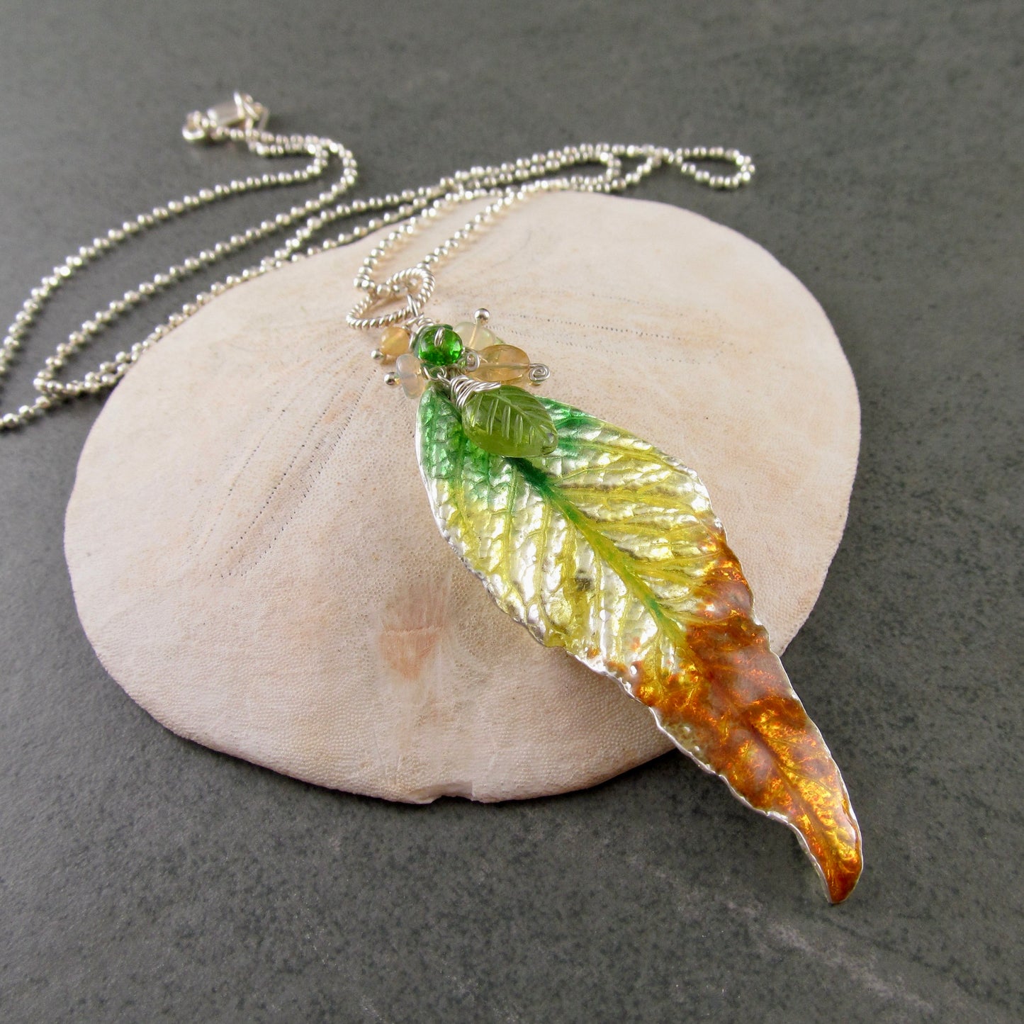 Fall leaf pendant, handmade fine silver and enamel with peridot, tsavorite garnet and Ethiopian opal