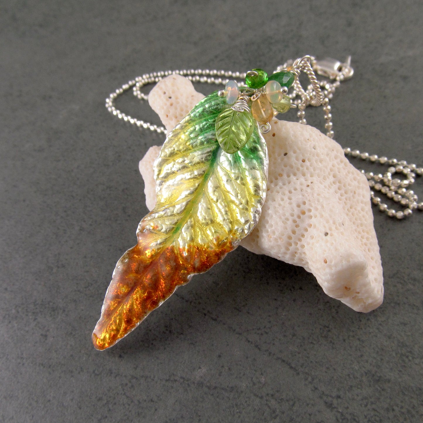 Fall leaf pendant, handmade fine silver and enamel with peridot, tsavorite garnet and Ethiopian opal