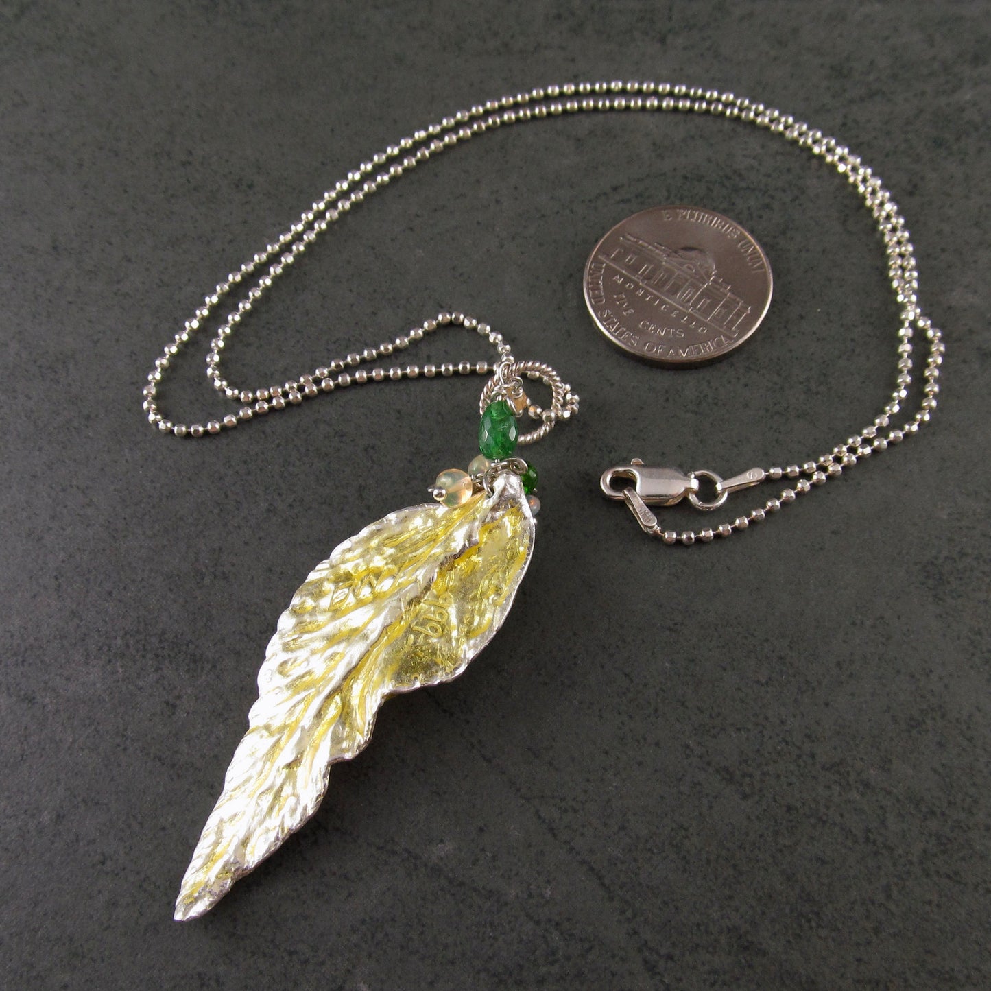 Fall leaf pendant, handmade fine silver and enamel with peridot, tsavorite garnet and Ethiopian opal