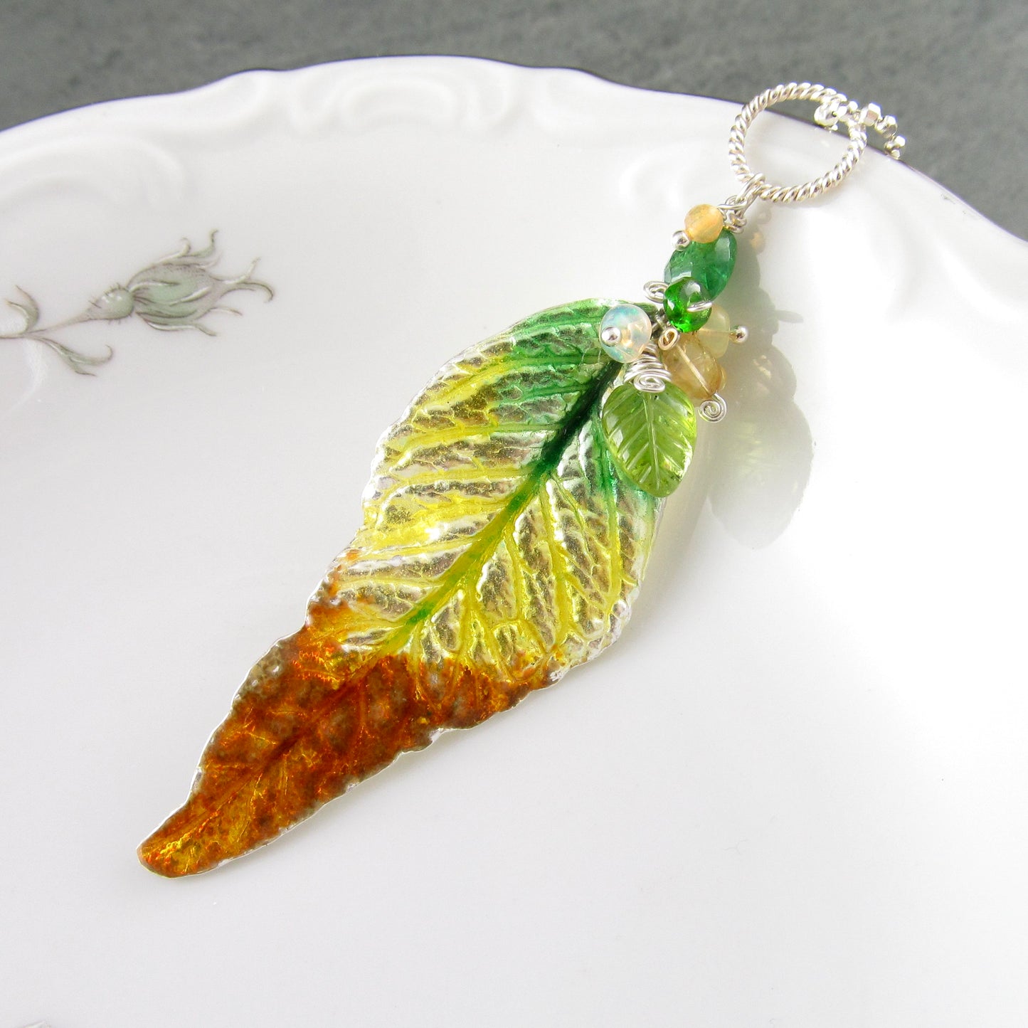 Fall leaf pendant, handmade fine silver and enamel with peridot, tsavorite garnet and Ethiopian opal