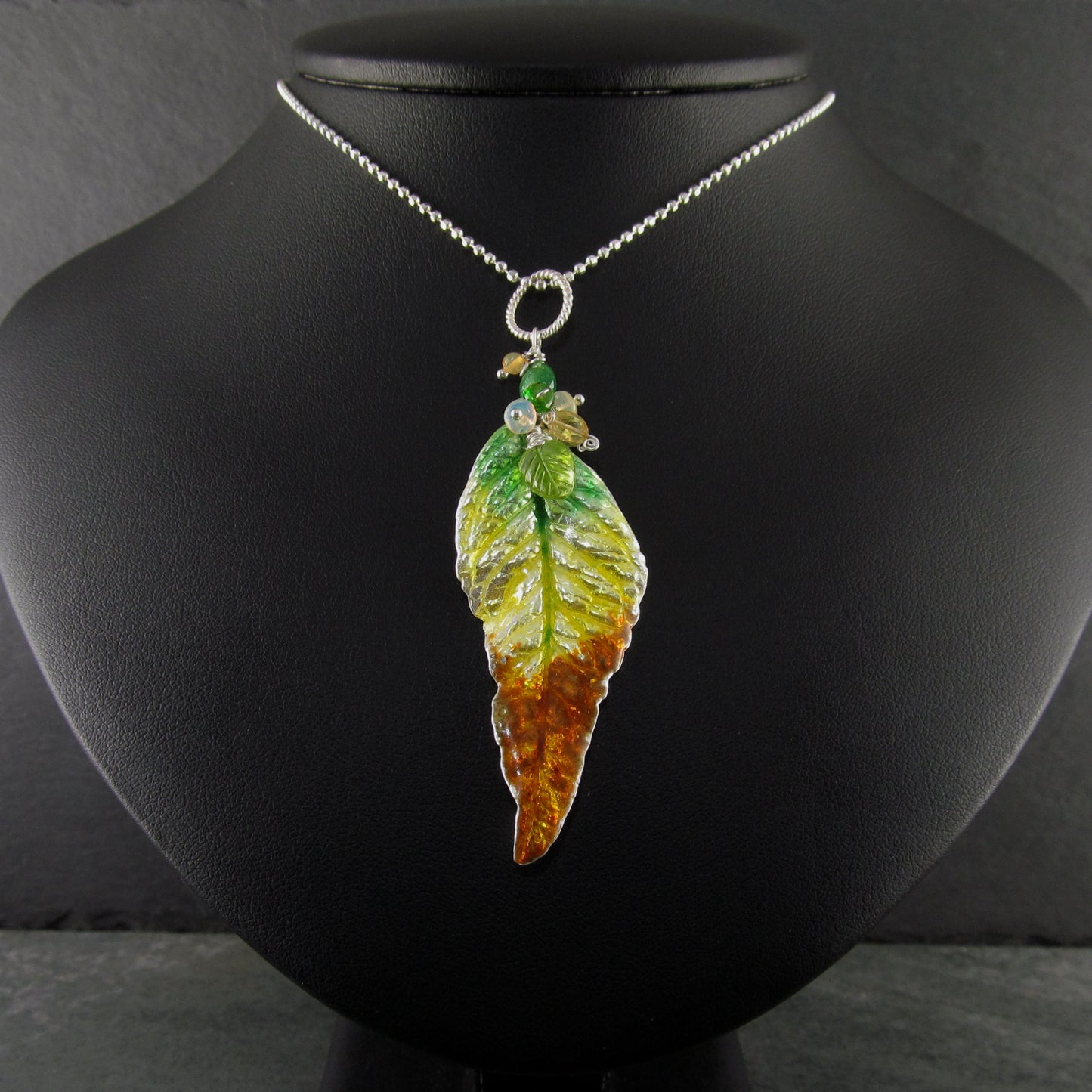 Fall leaf pendant, handmade fine silver and enamel with peridot, tsavorite garnet and Ethiopian opal