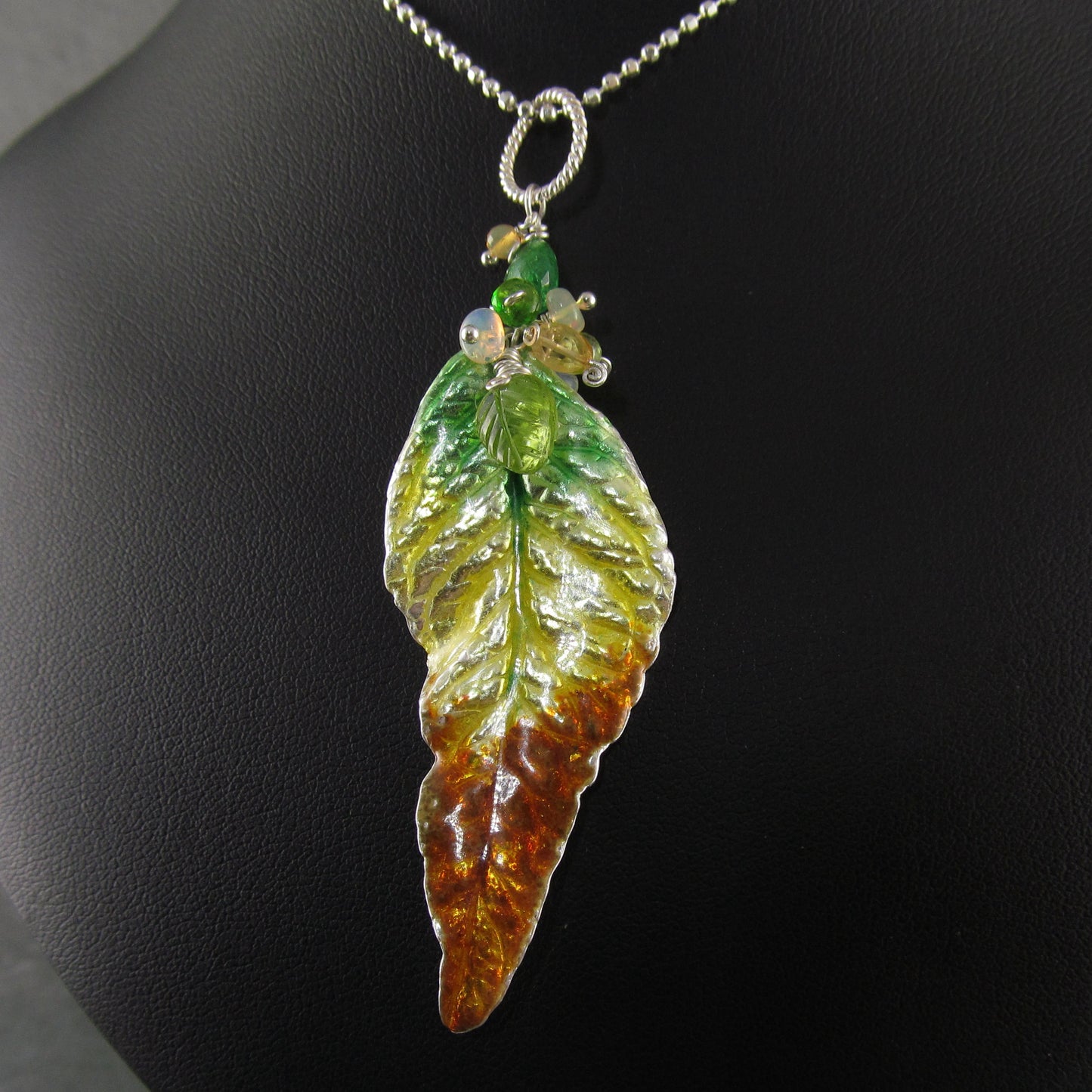 Fall leaf pendant, handmade fine silver and enamel with peridot, tsavorite garnet and Ethiopian opal