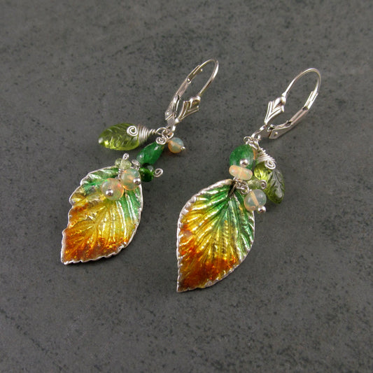 Fall leaf enamel earrings in fine silver with Ethiopian opal, peridot, and tsavorite garnet