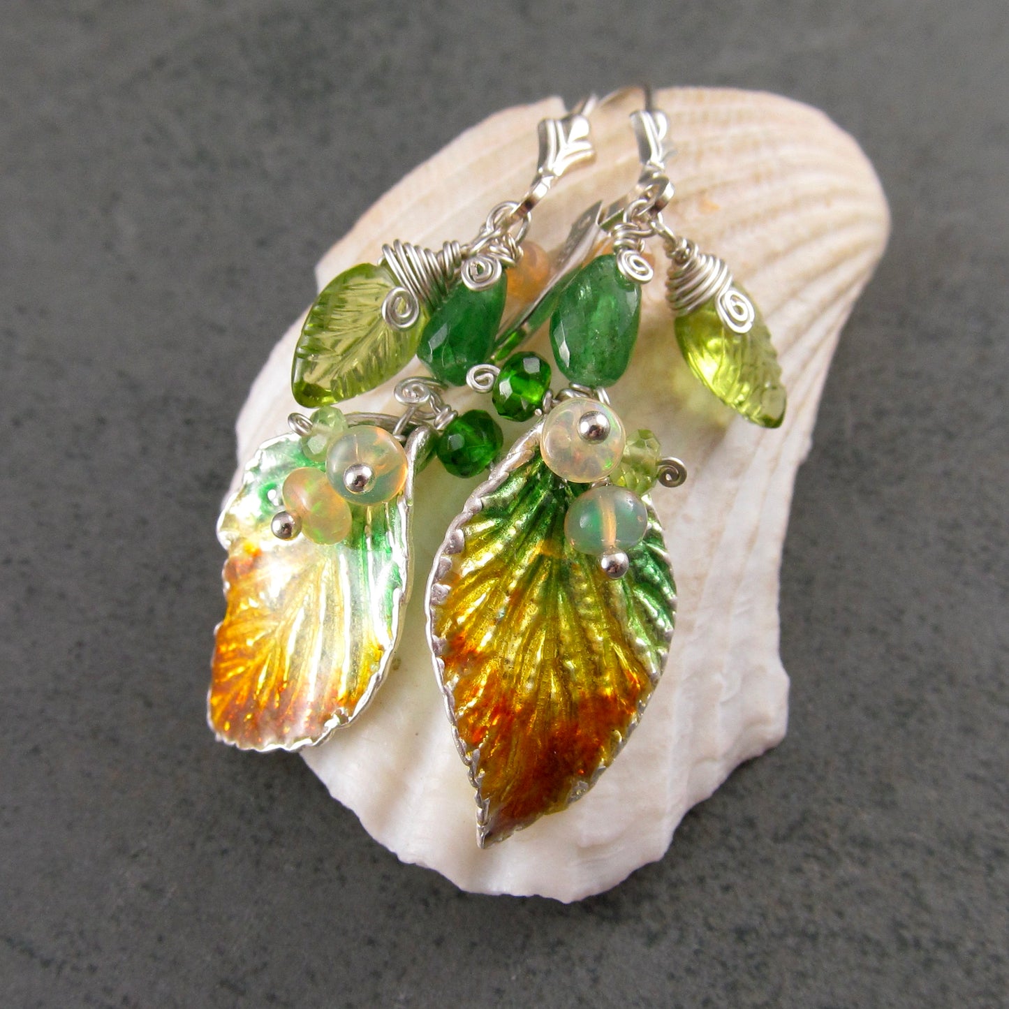 Fall leaf enamel earrings in fine silver with Ethiopian opal, peridot, and tsavorite garnet