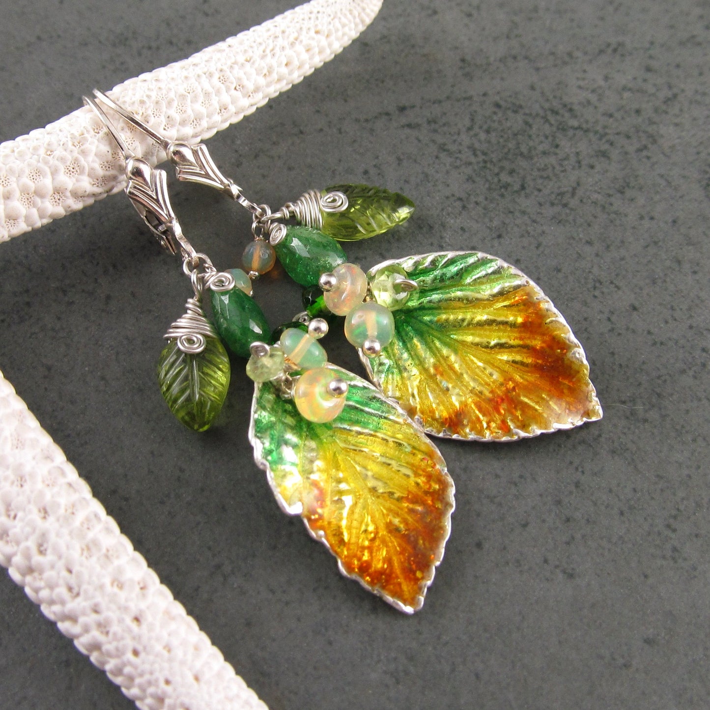 Fall leaf enamel earrings in fine silver with Ethiopian opal, peridot, and tsavorite garnet