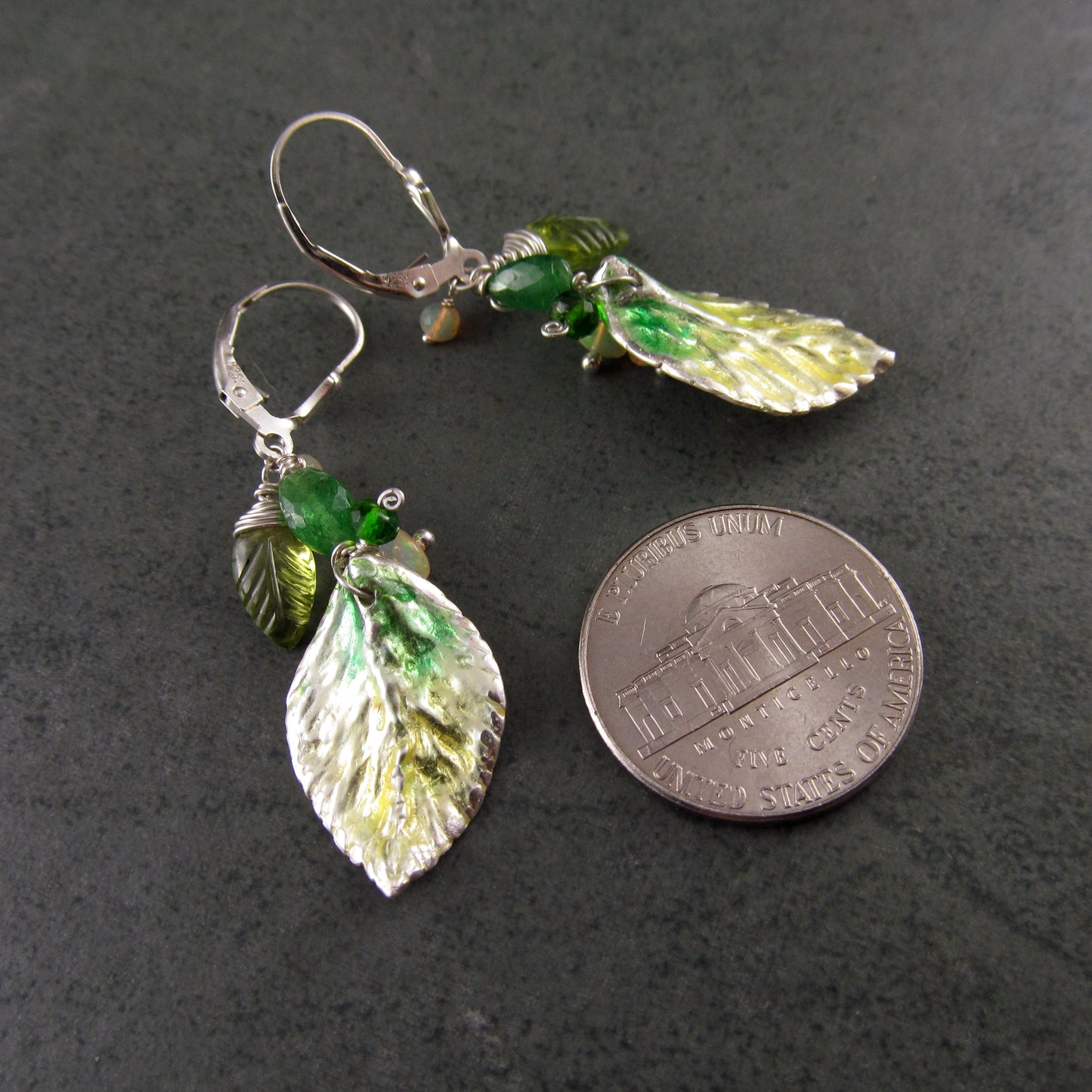 Fall leaf enamel earrings in fine silver with Ethiopian opal, peridot, and tsavorite garnet