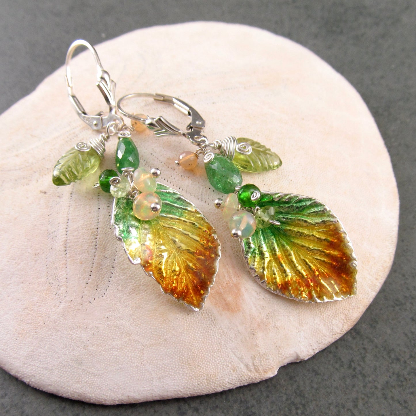 Fall leaf enamel earrings in fine silver with Ethiopian opal, peridot, and tsavorite garnet