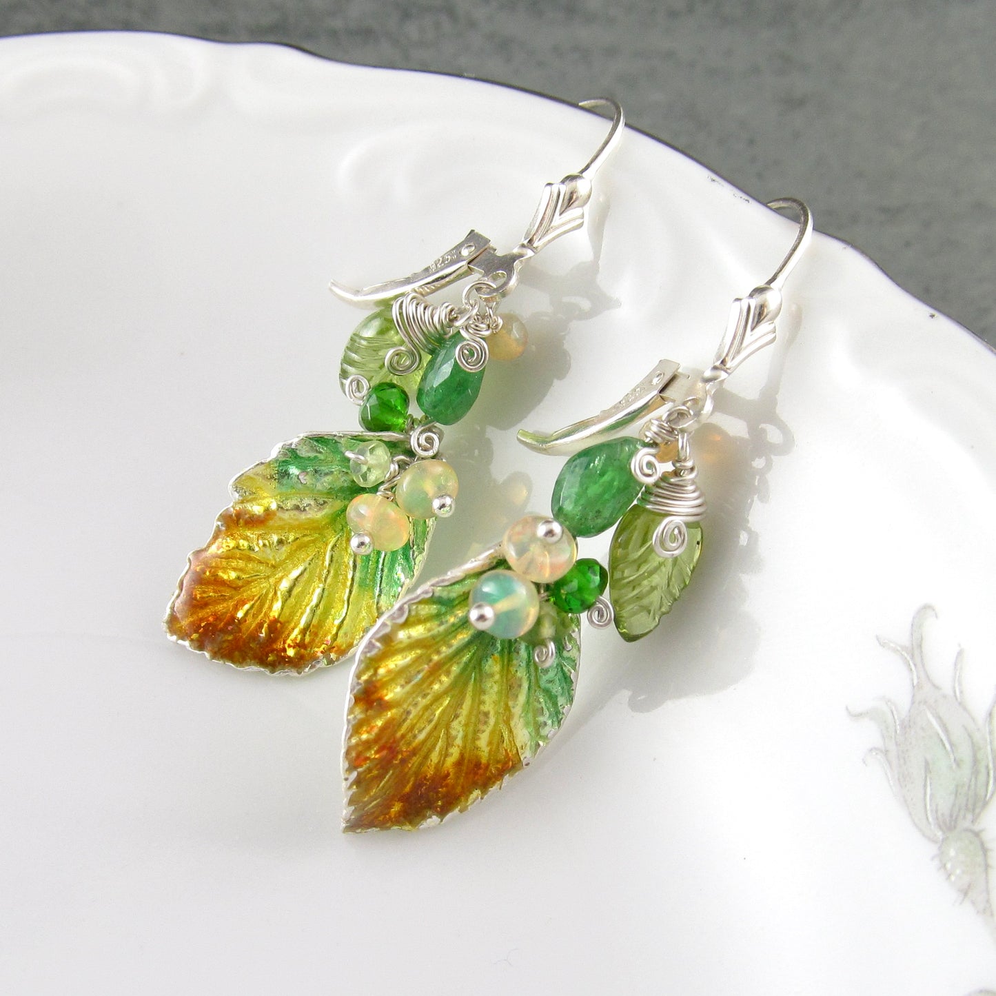 Fall leaf enamel earrings in fine silver with Ethiopian opal, peridot, and tsavorite garnet