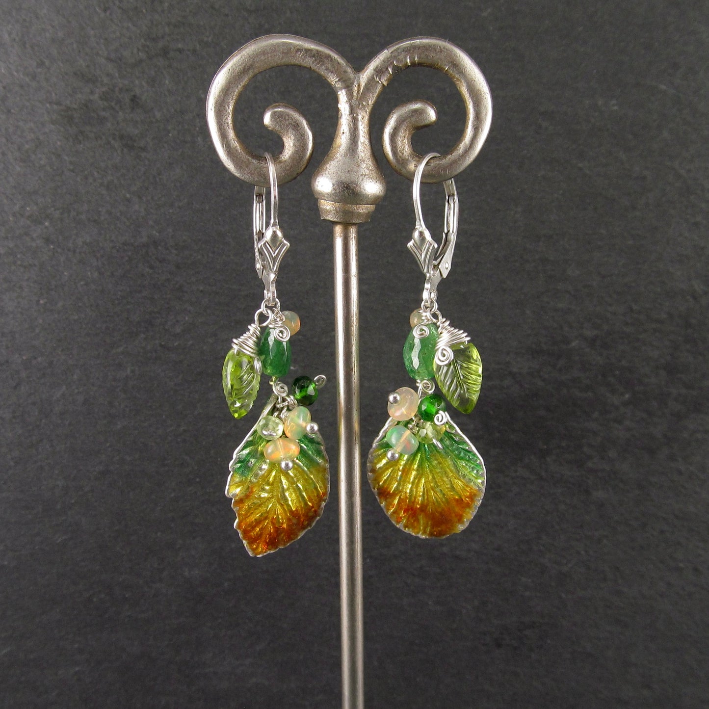 Fall leaf enamel earrings in fine silver with Ethiopian opal, peridot, and tsavorite garnet