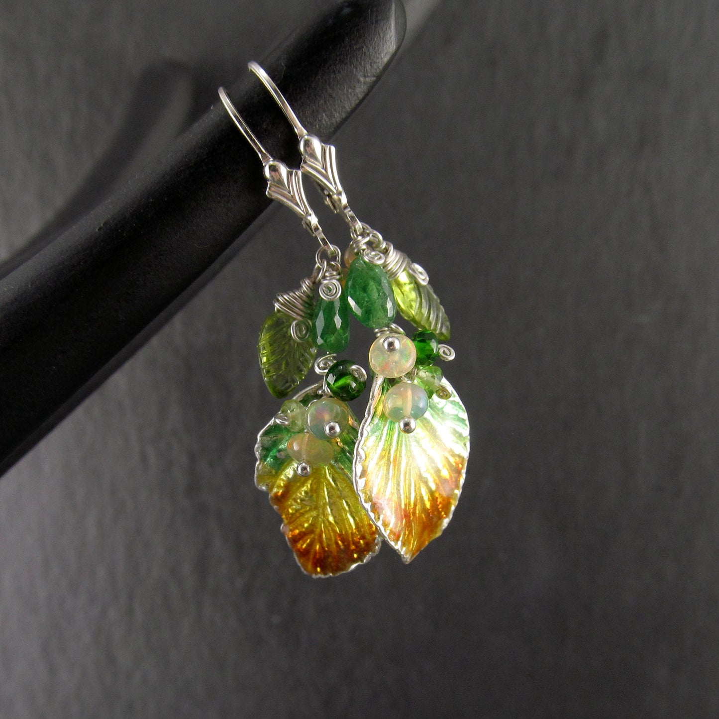 Fall leaf enamel earrings in fine silver with Ethiopian opal, peridot, and tsavorite garnet