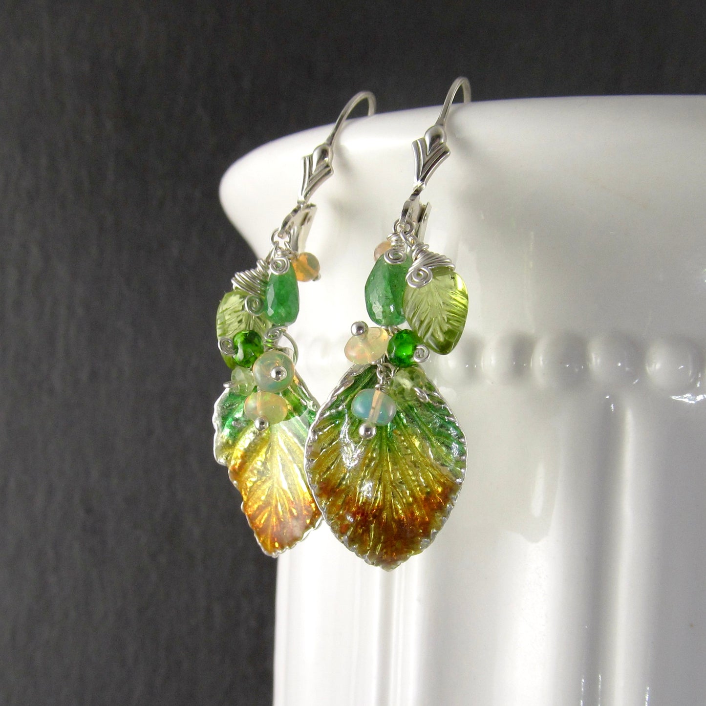 Fall leaf enamel earrings in fine silver with Ethiopian opal, peridot, and tsavorite garnet