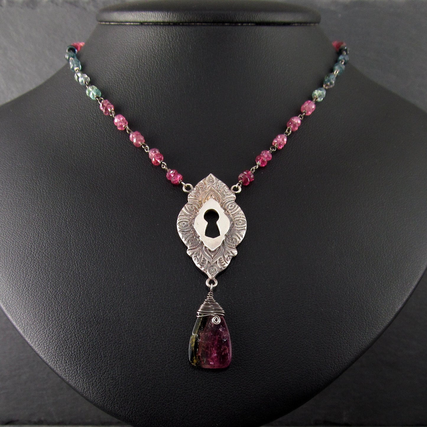 Watermelon tourmaline keyhole pendant necklace in fine silver and sterling silver