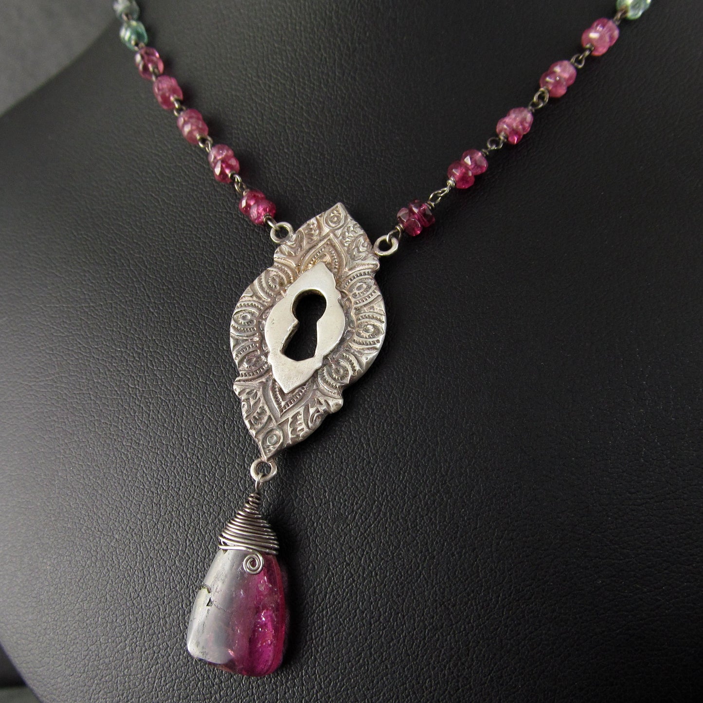 Watermelon tourmaline keyhole pendant necklace in fine silver and sterling silver