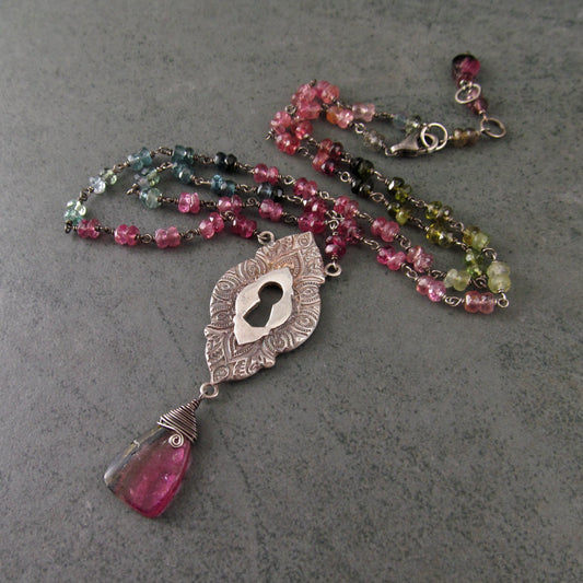 Watermelon tourmaline keyhole pendant necklace in fine silver and sterling silver