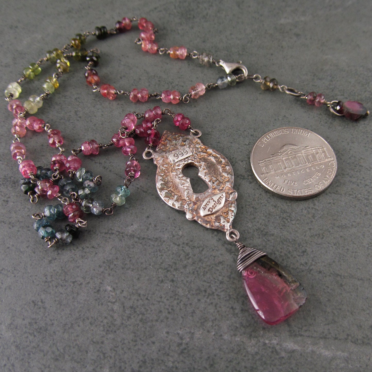 Watermelon tourmaline keyhole pendant necklace in fine silver and sterling silver