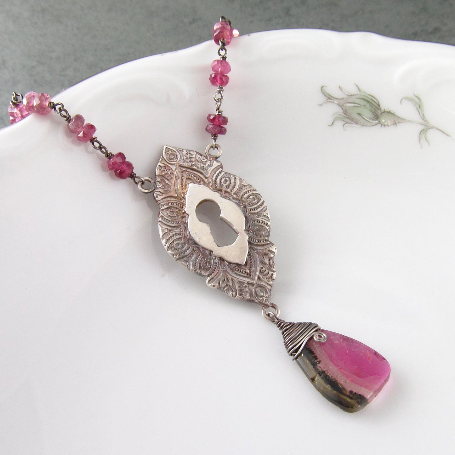 Watermelon tourmaline keyhole pendant necklace in fine silver and sterling silver