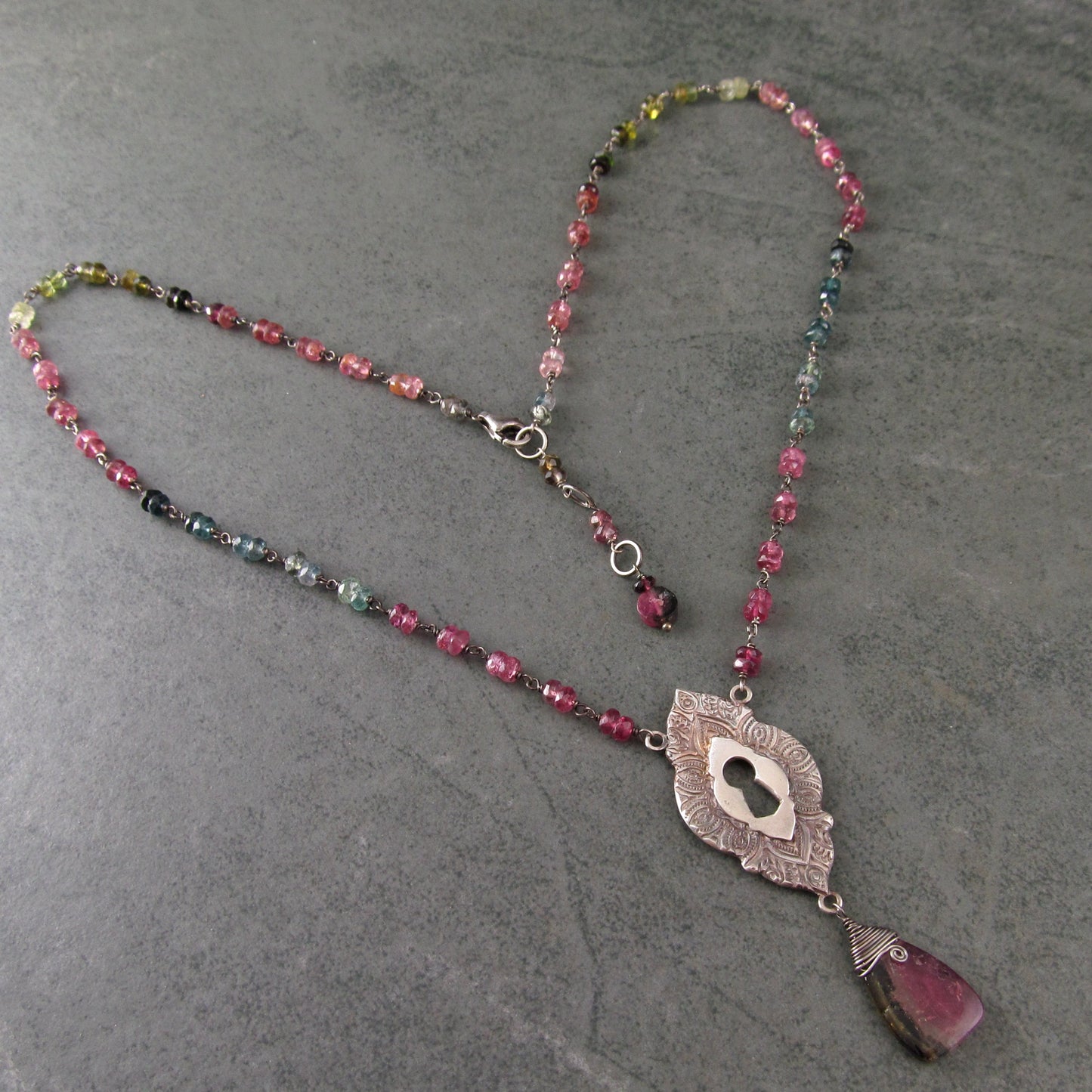 Watermelon tourmaline keyhole pendant necklace in fine silver and sterling silver